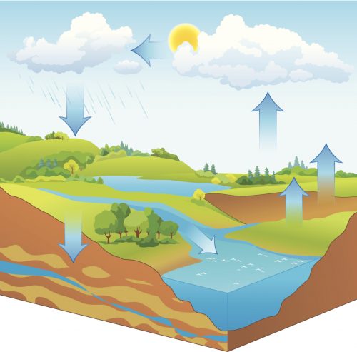 A schematic showing the water cycle explaining the formation of hard water