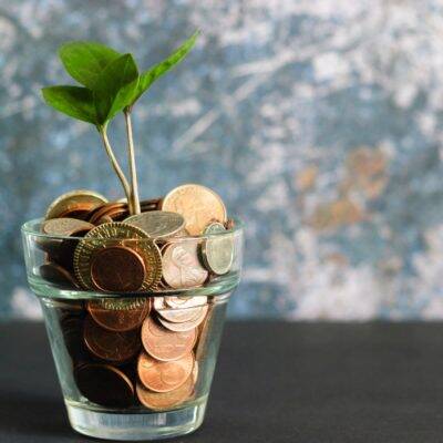 Sprout growing from coins in a glass emphasising savings by choosing a greener solutions such as a water conditioner