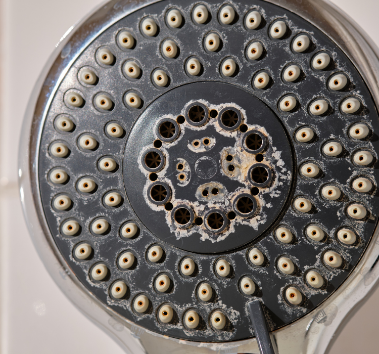 close up of shower head covered in lime scale