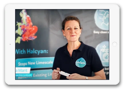 Samantha Mant talking about Halcyan Water Conditioners on iPad screen