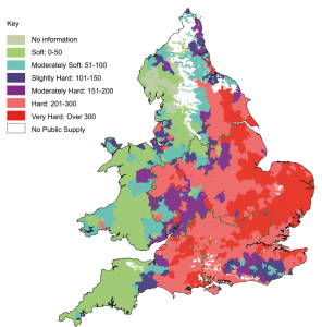 A map showing the level of hard water in different areas of the UK