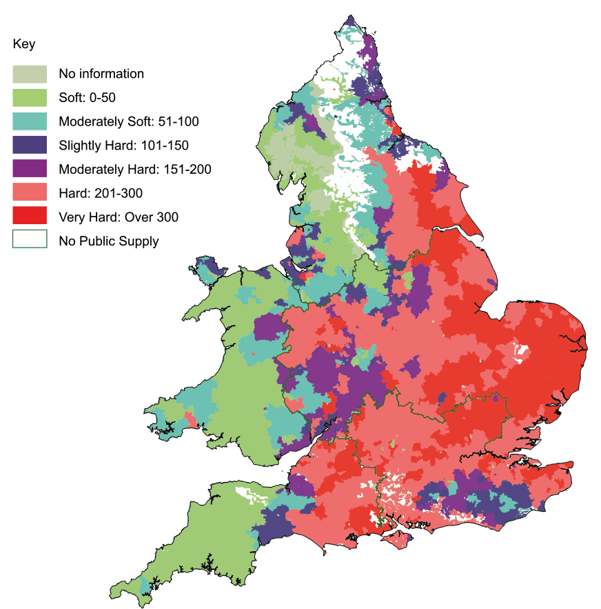 A map showing the level of hard water in different areas of the UK